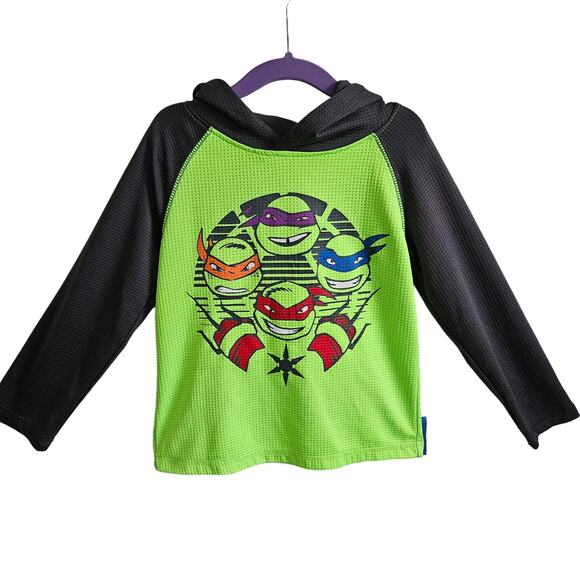Nickelodeon Boys XS Ninja Turtles Waffle Knit Henley Shirt With Hood Neon Green - Picture 1 of 7